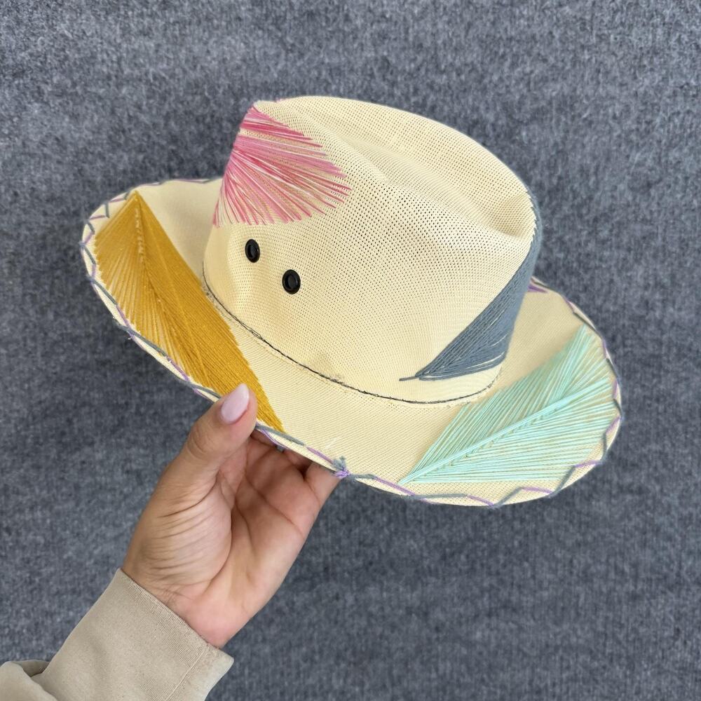 Natural Straw Wide-Brim Hat with Pastel Feather Accents